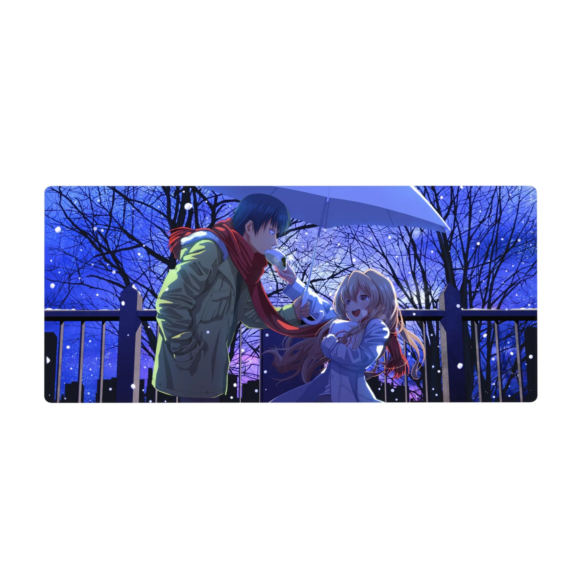 36x16 inches anime desk pad with winter couple under umbrella, city night backdrop, red scarf detail.
