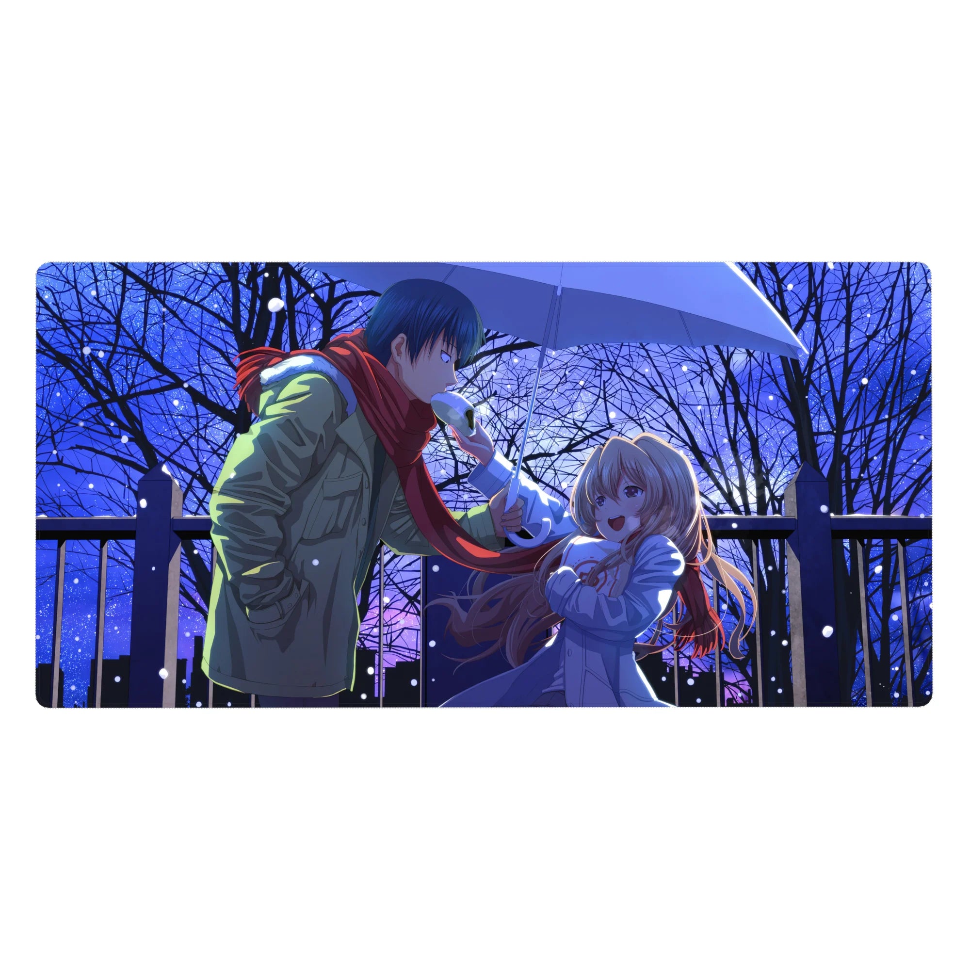 40x20 inches anime desk pad with winter couple under umbrella, city night backdrop, red scarf accent.