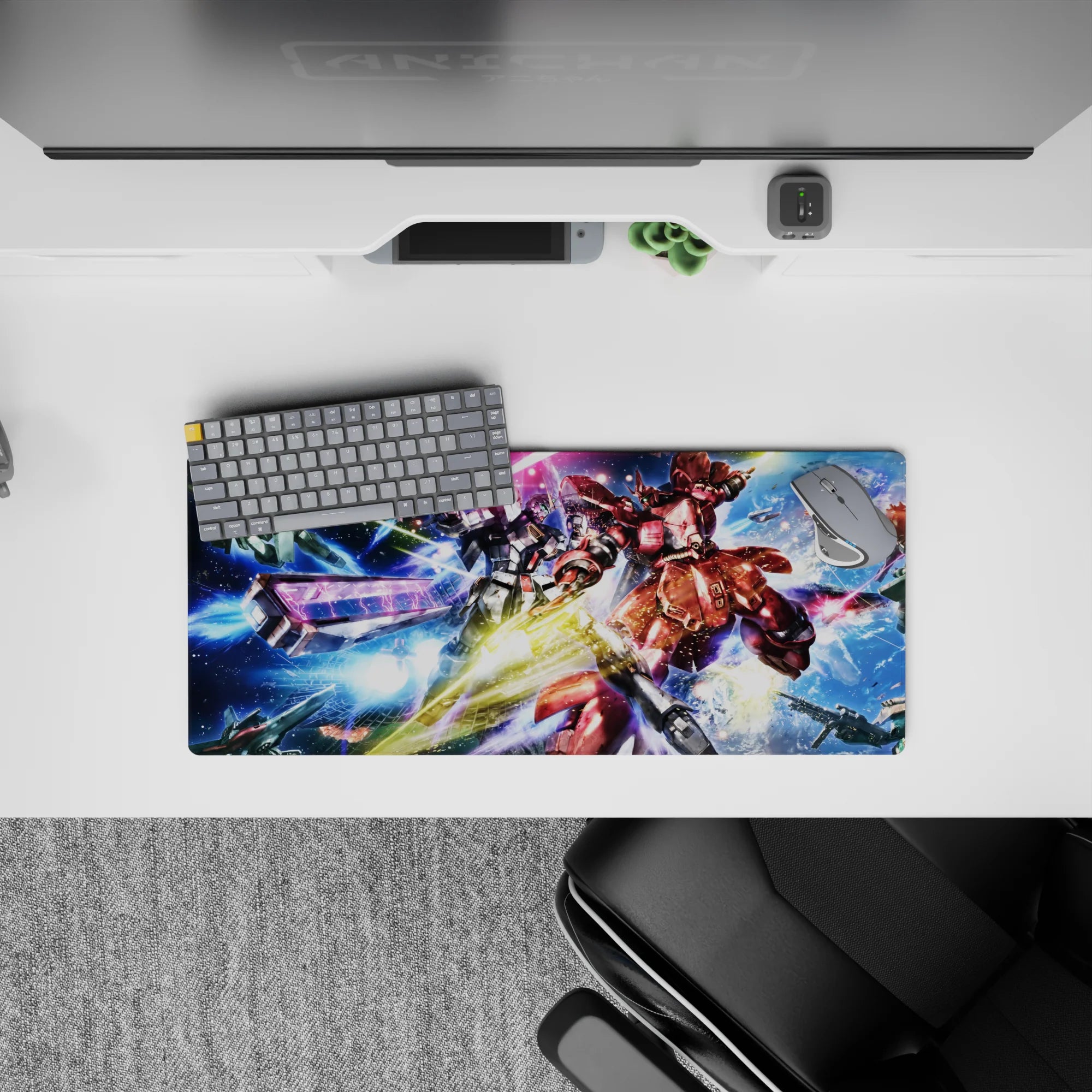 28x12 inches anime mouse pad in icy blues with neon pink beam slashes and gold flares.