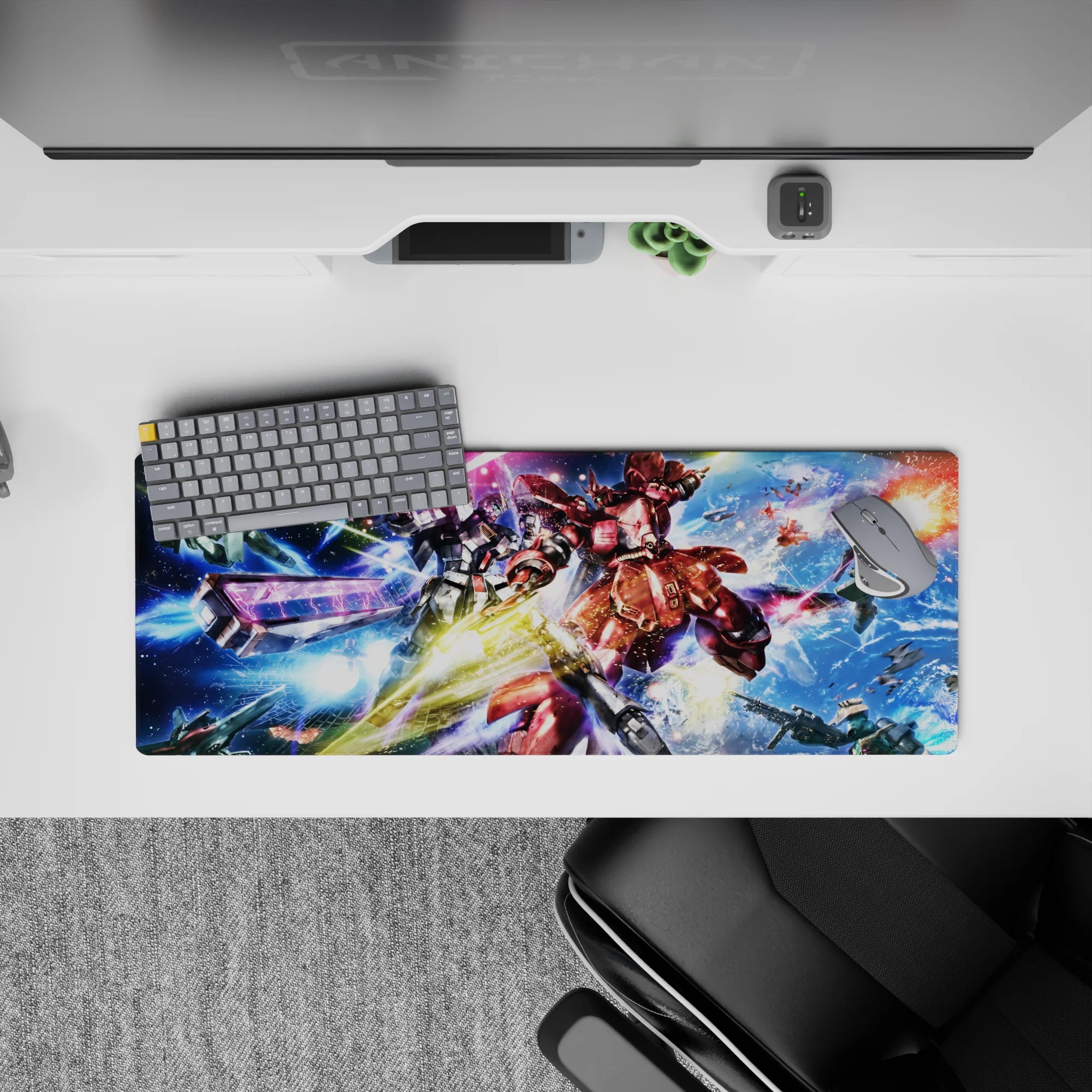 32x12 inches anime mouse pad in neon pink and icy blue with gold flares, high-energy cockpit vibe.