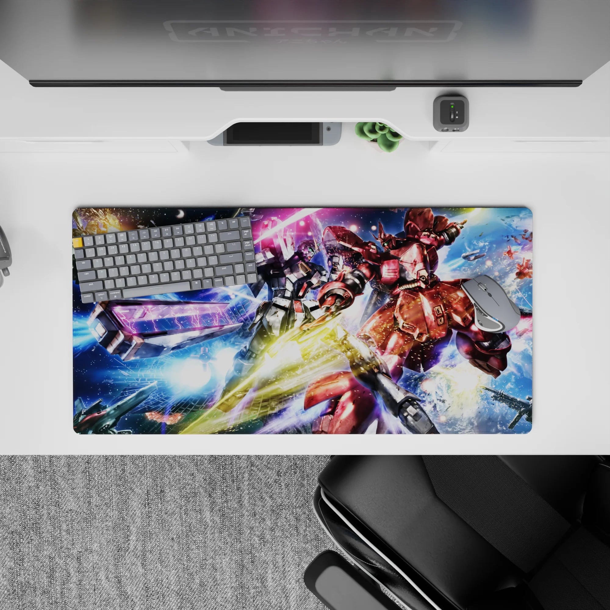 32x16 inches neon pink beam and icy blue space anime desk mat with gold flares, loud clean vibe.
