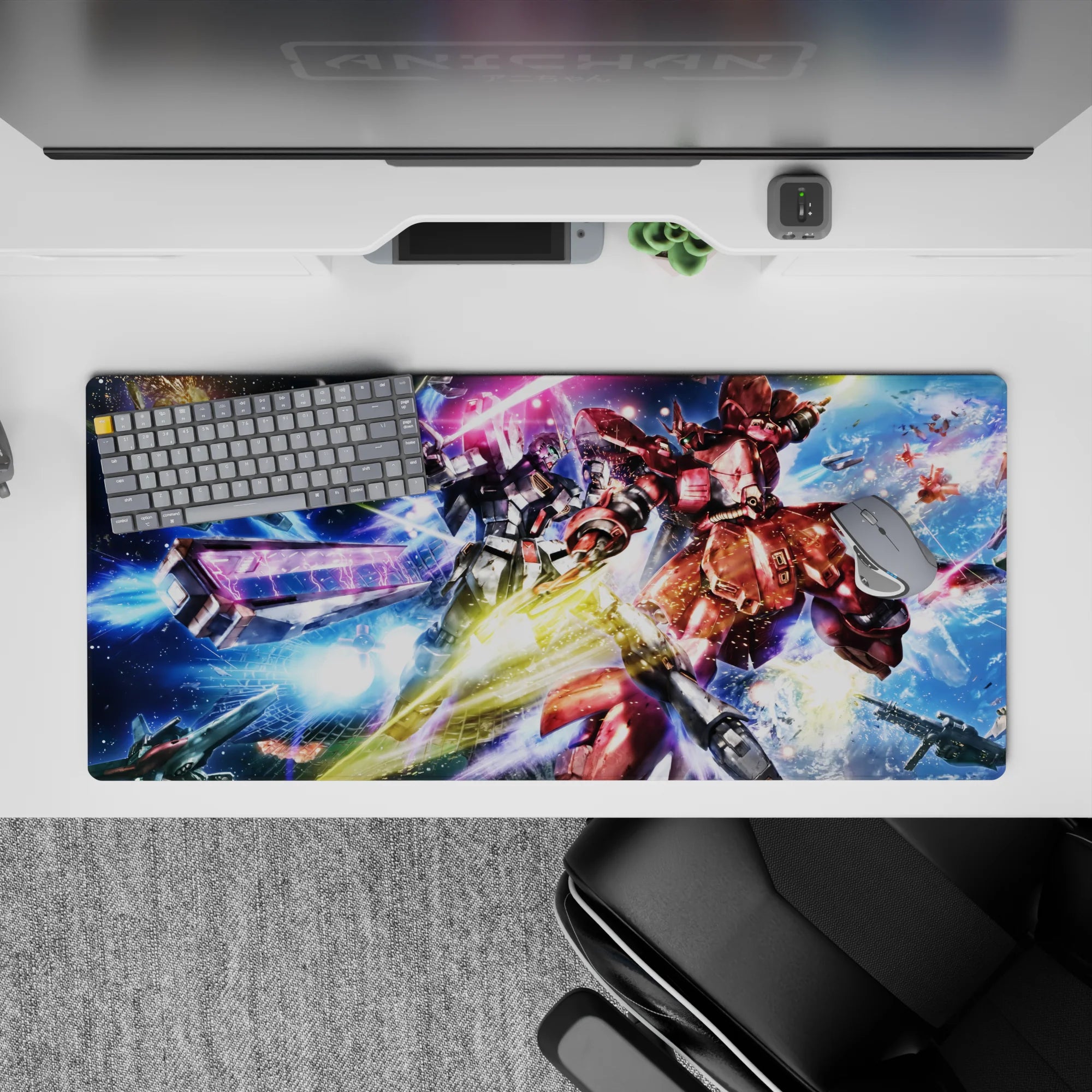 36x16 inches anime desk pad in neon pink beams and icy blue tones with gold flares, high-energy sci-fi vibe.