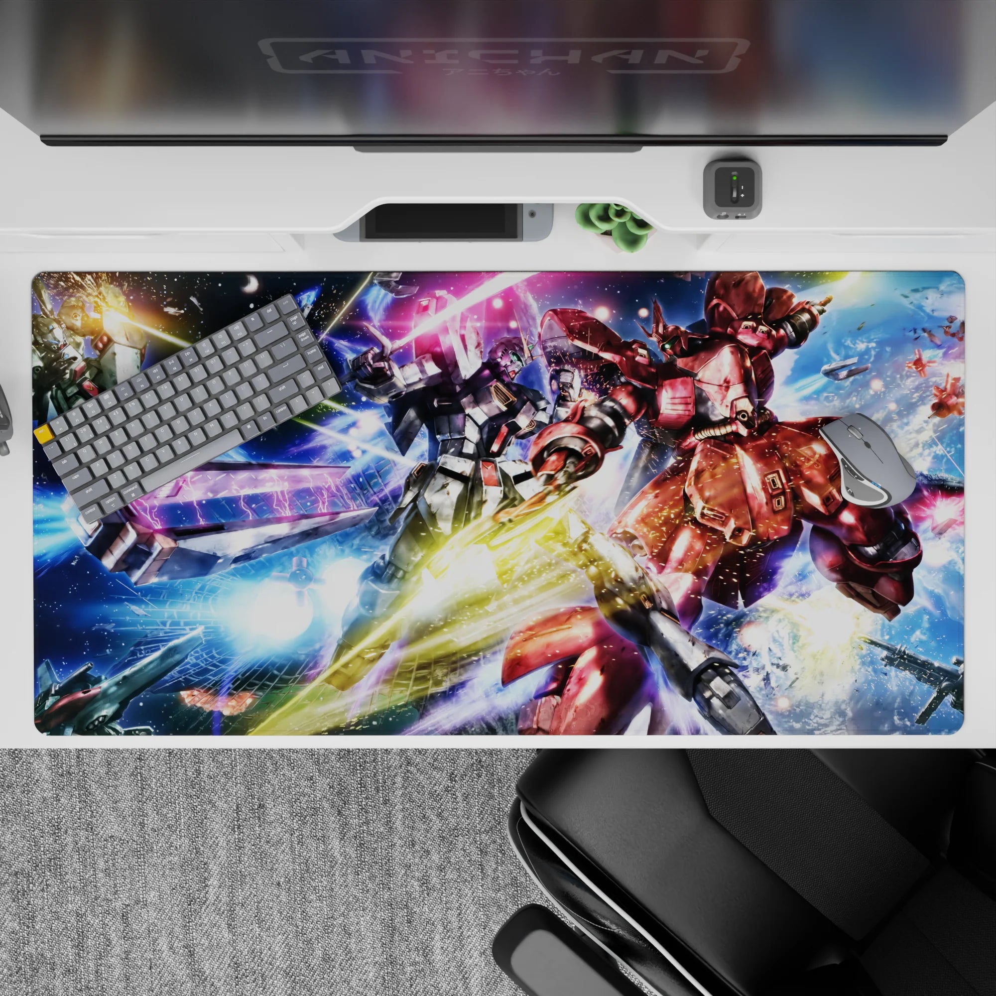 Neon pink beam slashes on icy blue anime desk pad 40x20 inches, gold sparks and star-dust.