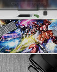 Neon pink beam slashes on icy blue anime desk pad 40x20 inches, gold sparks and star-dust.