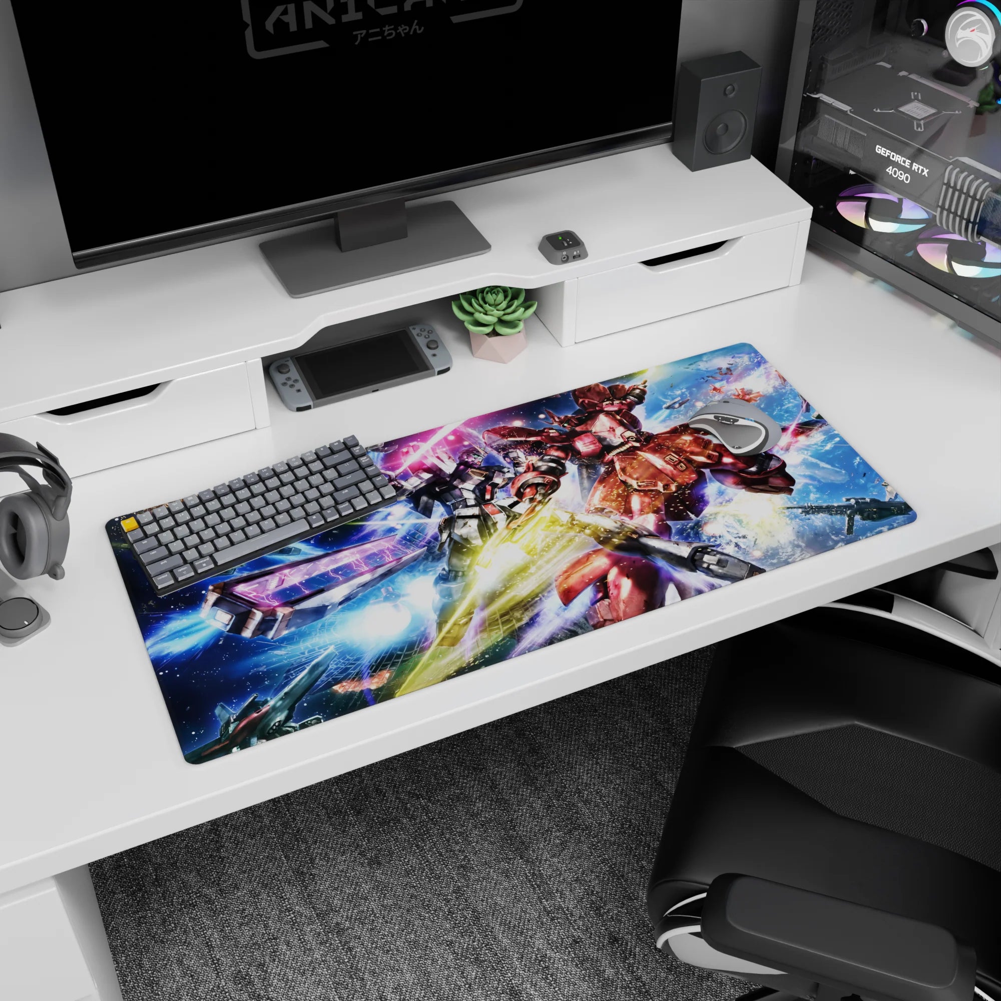36x16 inches Mobile Suit Gundam desk pad showing RX-78-2 Gundam clashing with Char Aznable’s red Zaku.