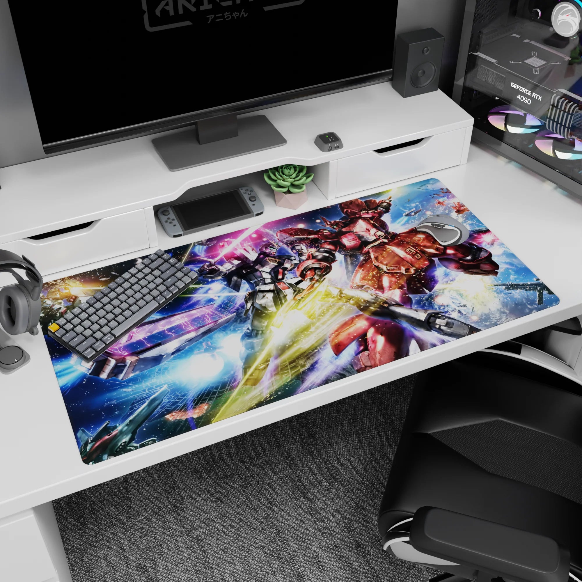 RX-78-2 Gundam clashes with Char Aznable red Zaku on anime desk pad 40x20 inches.