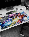 RX-78-2 Gundam clashes with Char Aznable red Zaku on anime desk pad 40x20 inches.