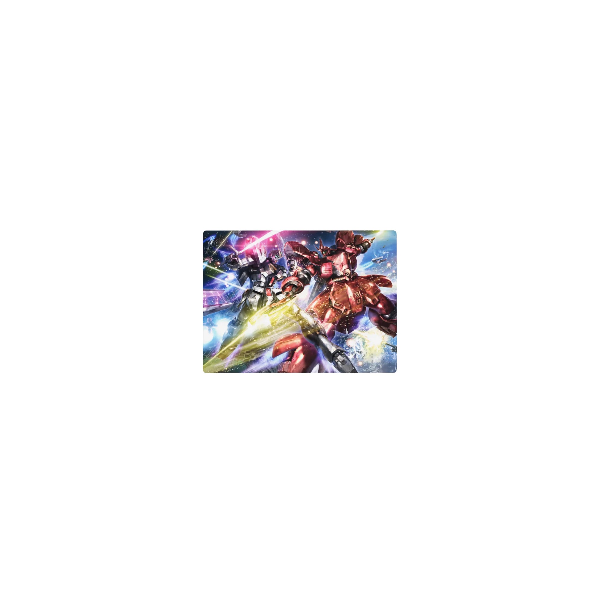 Classic anime mouse pad 14x10 inches with Gundam vs Zaku space battle, sparks, debris, cockpit vibe.
