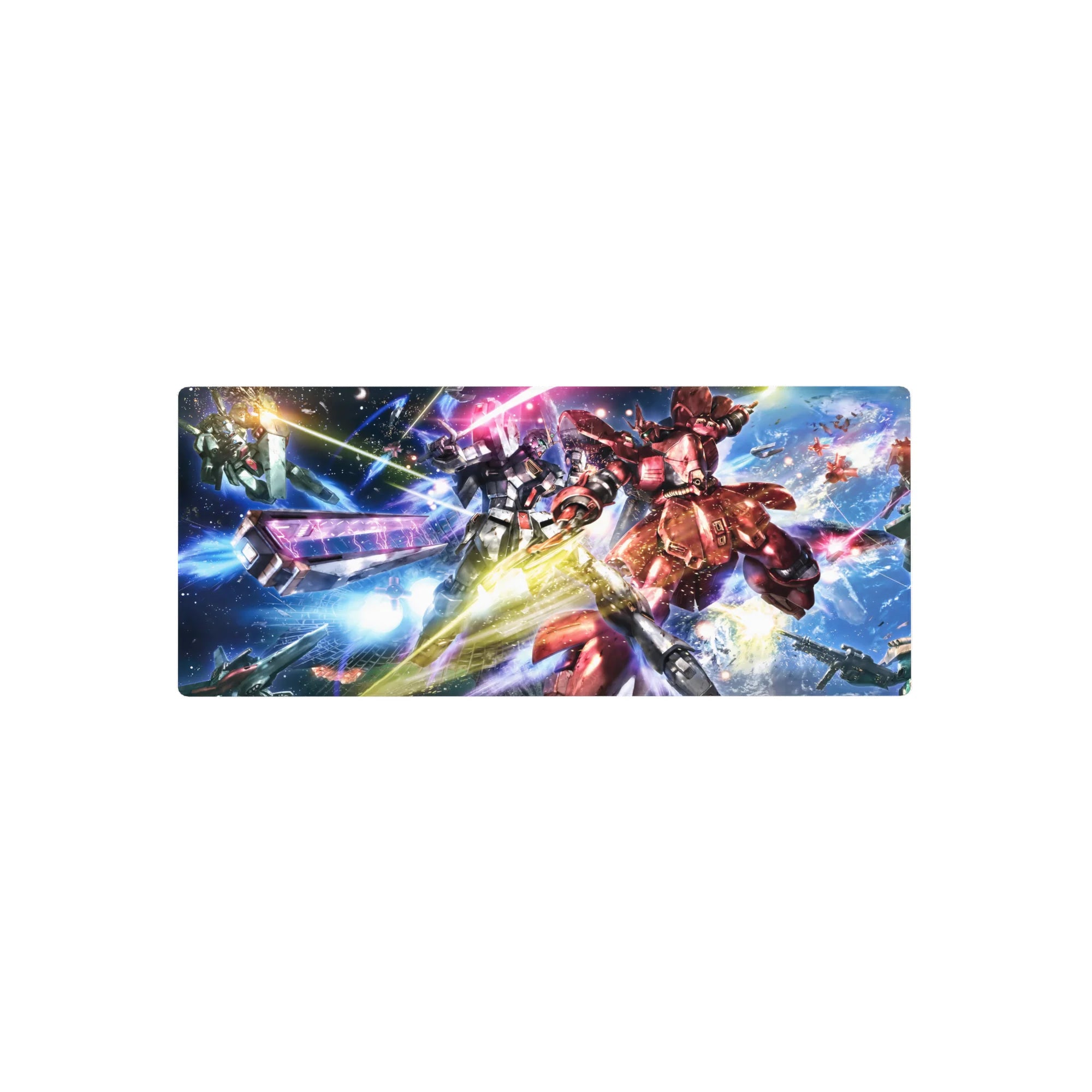 28x12 inches anime mouse pad with Gundam space battle art, sparks, debris, and neon beams.