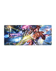 28x12 inches anime mouse pad with Gundam space battle art, sparks, debris, and neon beams.