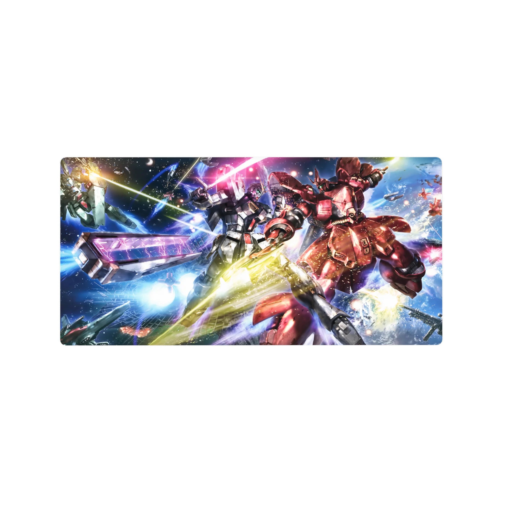 32x16 inches anime mouse pad with RX-78-2 Gundam vs red Zaku space battle, sparks and debris.
