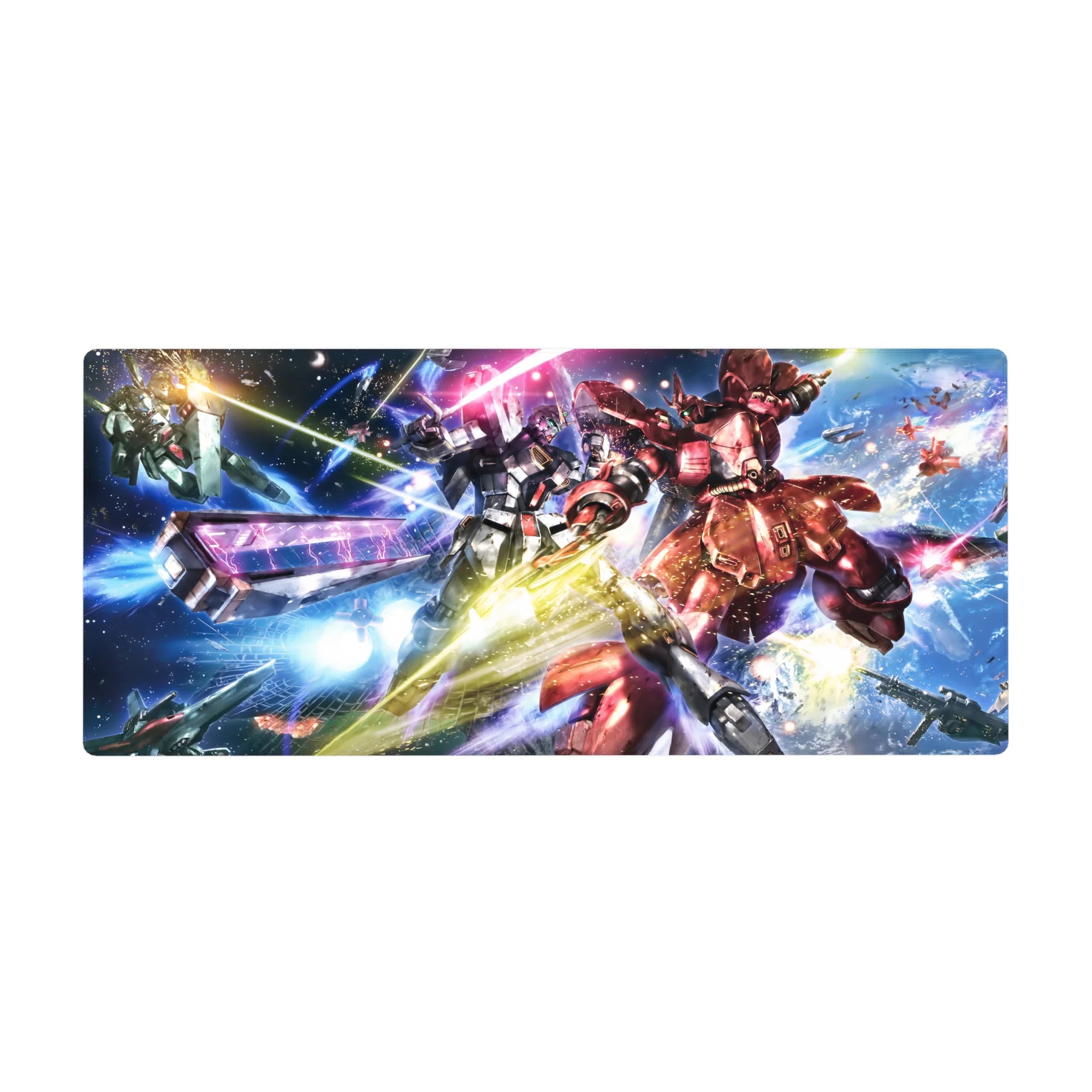 36x16 inches anime desk pad with Gundam vs red Zaku space battle, sparks, debris, and beam effects.