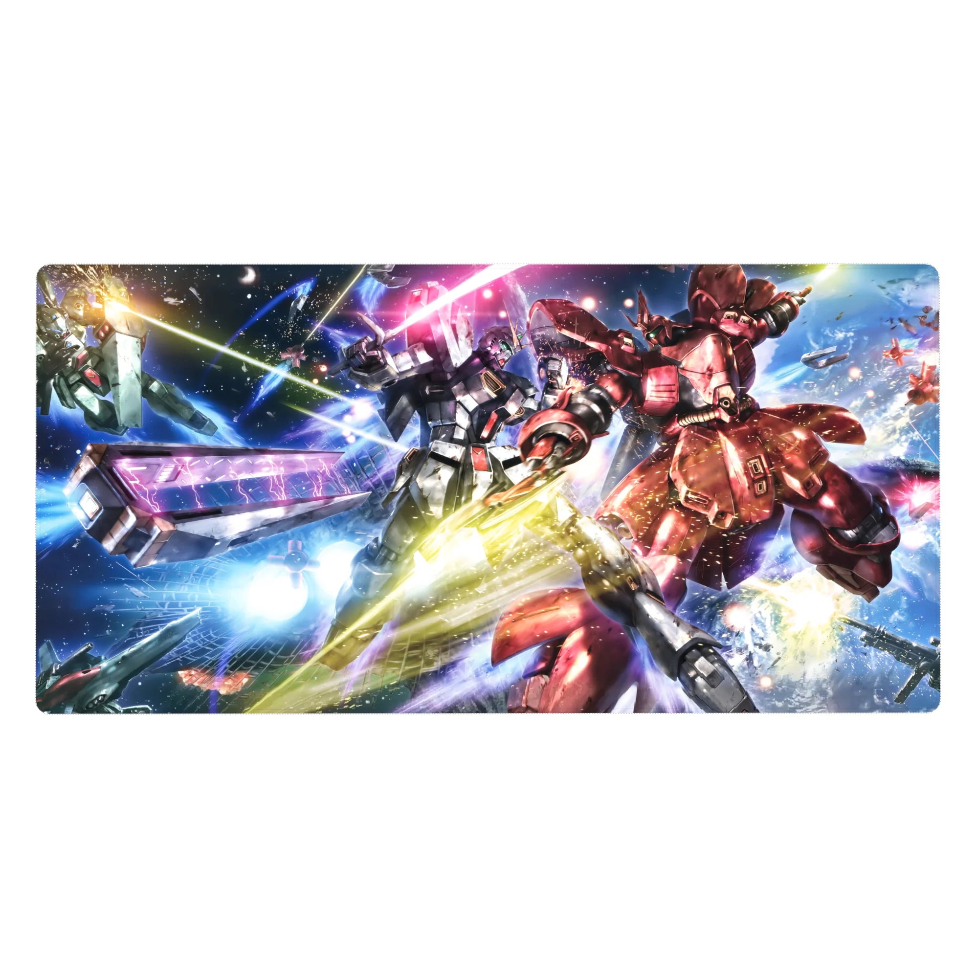 Mobile Suit Gundam space battle anime desk pad 40x20 inches with RX-78-2 vs red Zaku debris.
