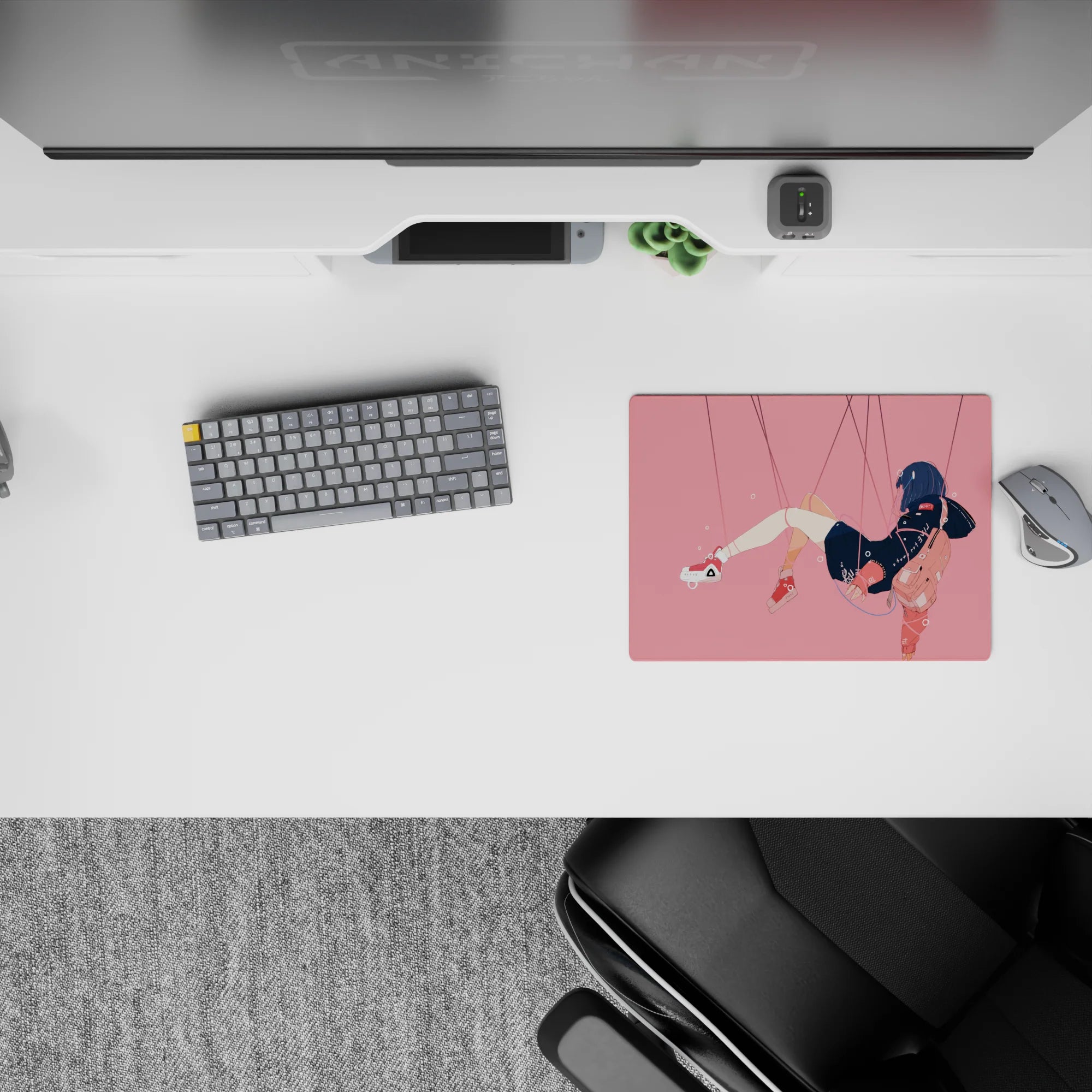 Soft pink space anime mouse pad 14x10 inches, midnight navy hair, calm chill vibe, peach backpack.