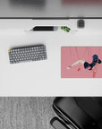 Soft pink space anime mouse pad 14x10 inches, midnight navy hair, calm chill vibe, peach backpack.