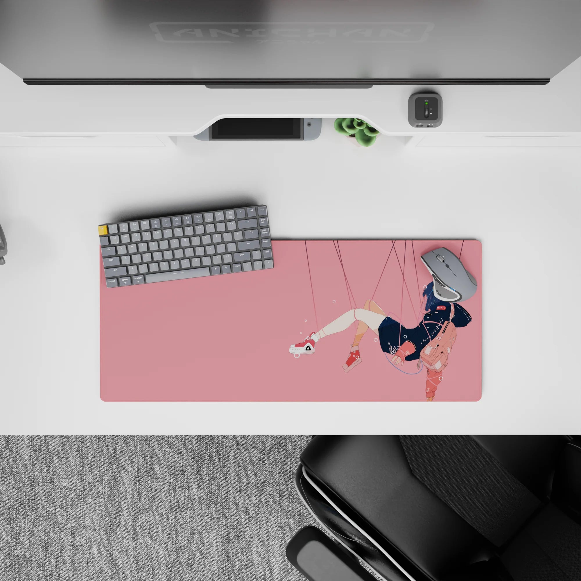 Pastel pink anime desk mat 28x12 inches, midnight navy hair, peach backpack, calm airy vibe.