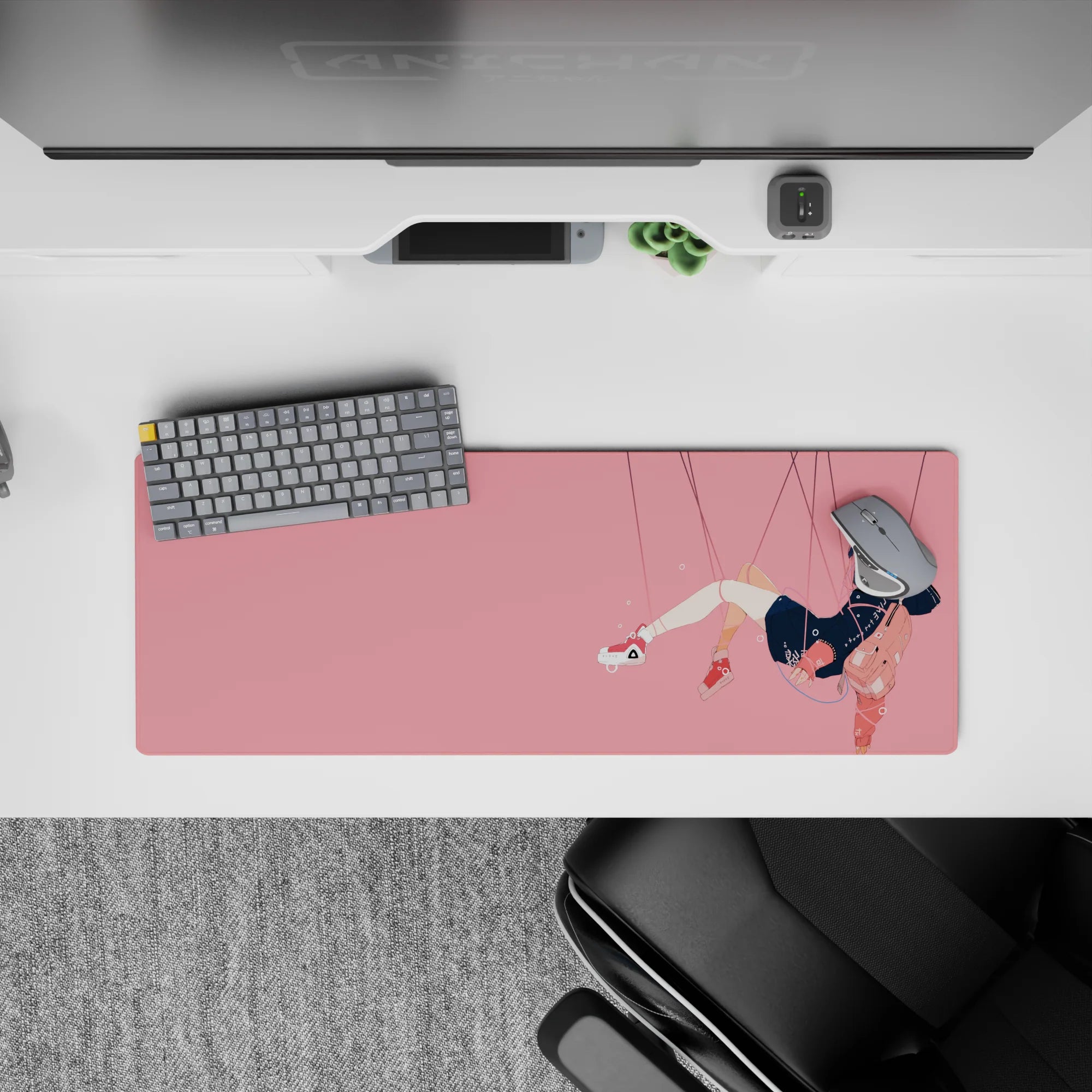 32x12 inches soft pink mouse pad with midnight navy hair, peach backpack, cozy hoodie, calm vibe.