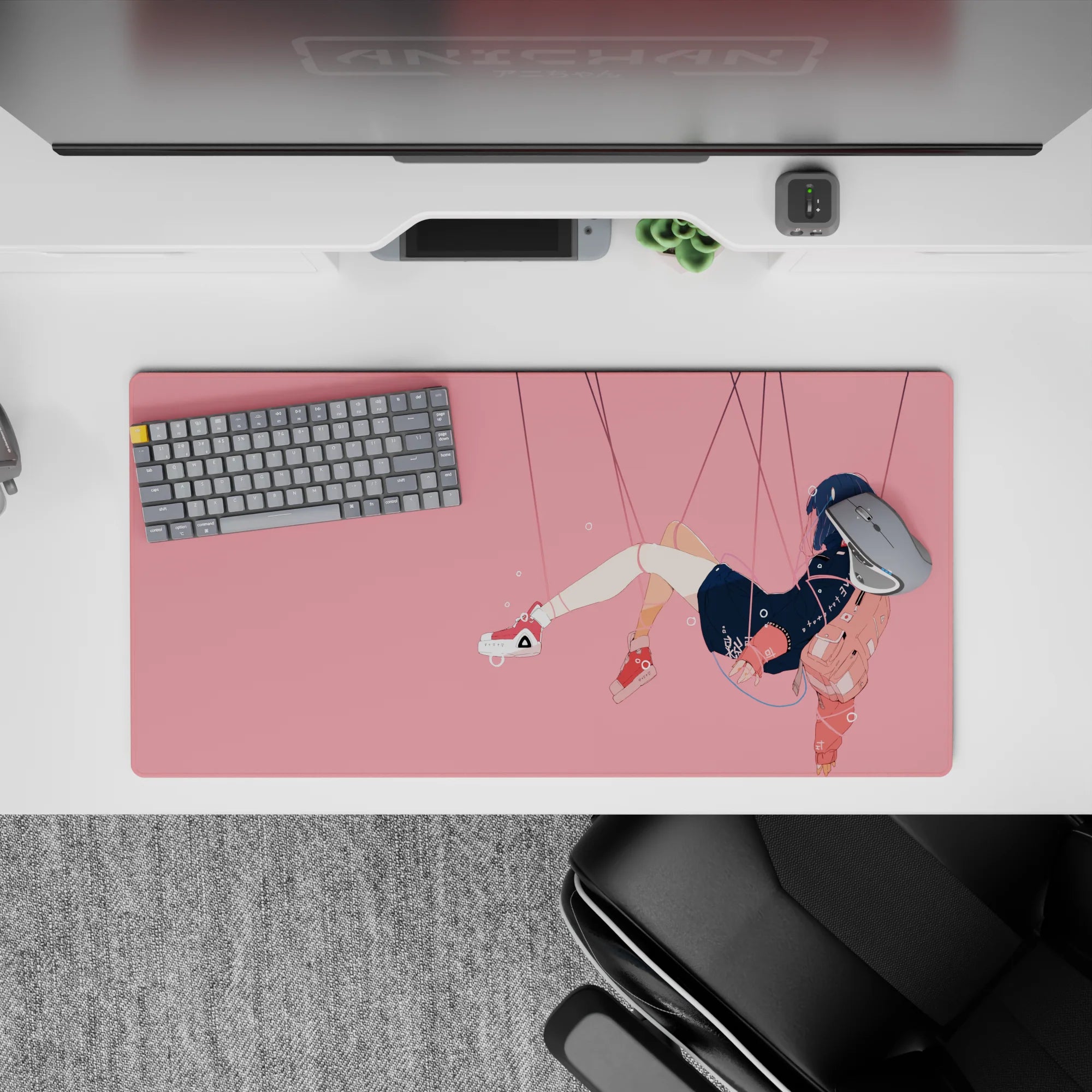 32x16 inches mouse pad in soft pink and midnight navy tones, calm floating vibe with clean minimalist art.