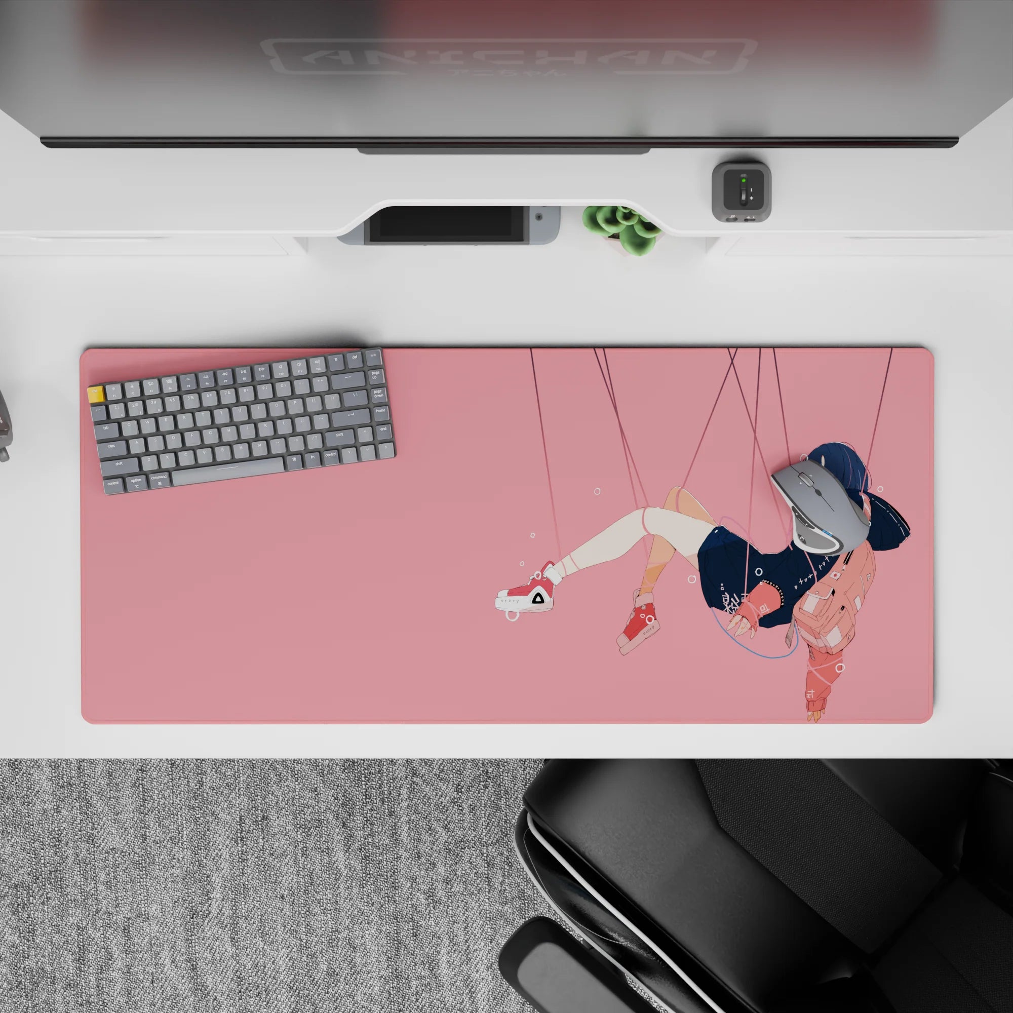 Soft pink and navy anime desk pad 36x16 inches, calm floating vibe with clean lines and cozy mood.