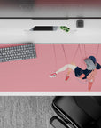 Soft pink and navy anime desk pad 36x16 inches, calm floating vibe with clean lines and cozy mood.
