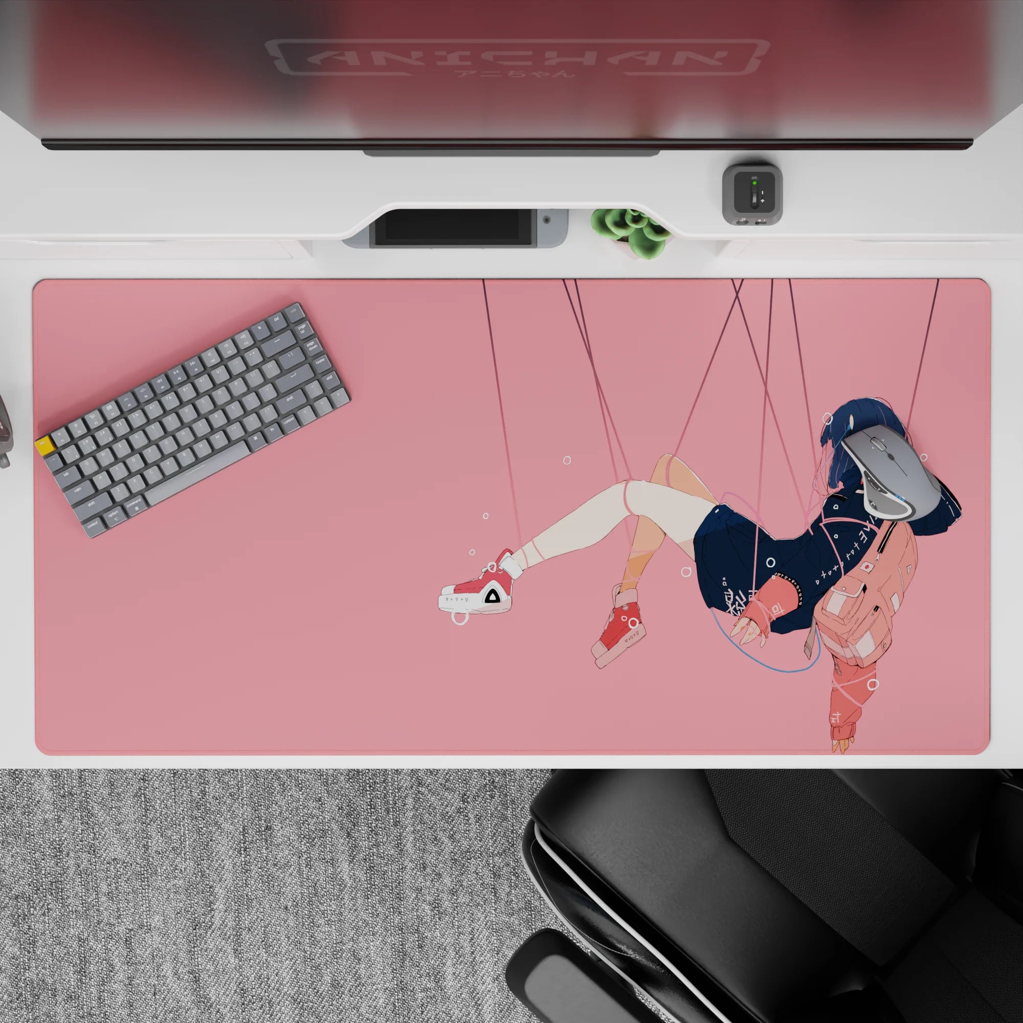 Soft pink anime desk pad 40x20 inches with midnight navy hair, calm vibe, peach accents, clean art.