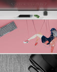 Soft pink anime desk pad 40x20 inches with midnight navy hair, calm vibe, peach accents, clean art.