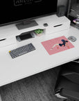 Sideways-floating anime girl in dark hoodie mouse pad 14x10 inches, long socks and chunky sneakers.
