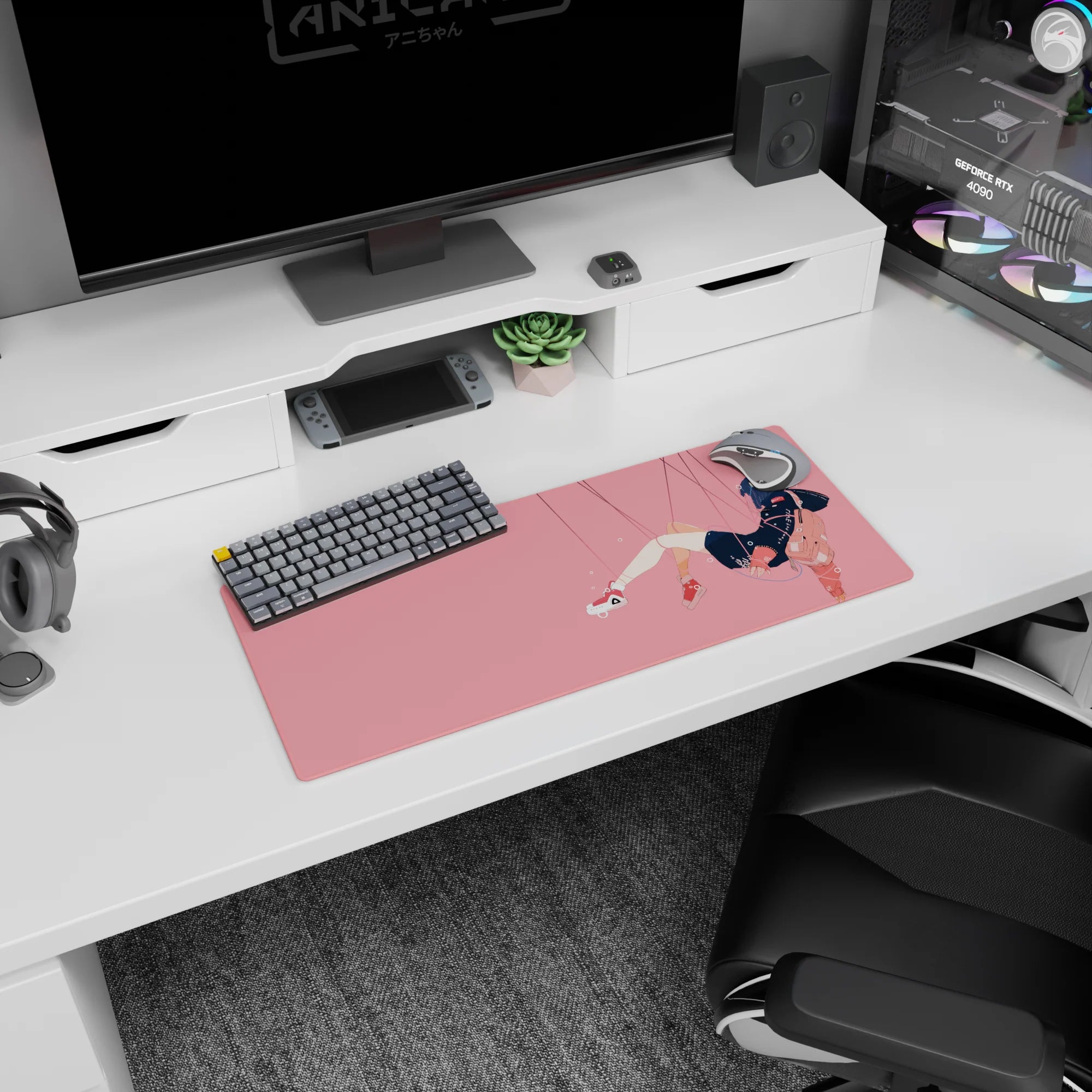28x12 inches anime girl mouse pad showing sideways floating girl in dark hoodie, long socks, sneakers.