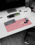 28x12 inches anime girl mouse pad showing sideways floating girl in dark hoodie, long socks, sneakers.