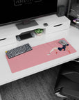 32x12 inches desk mat showing chill anime girl floating sideways in hoodie, long socks, chunky sneakers.