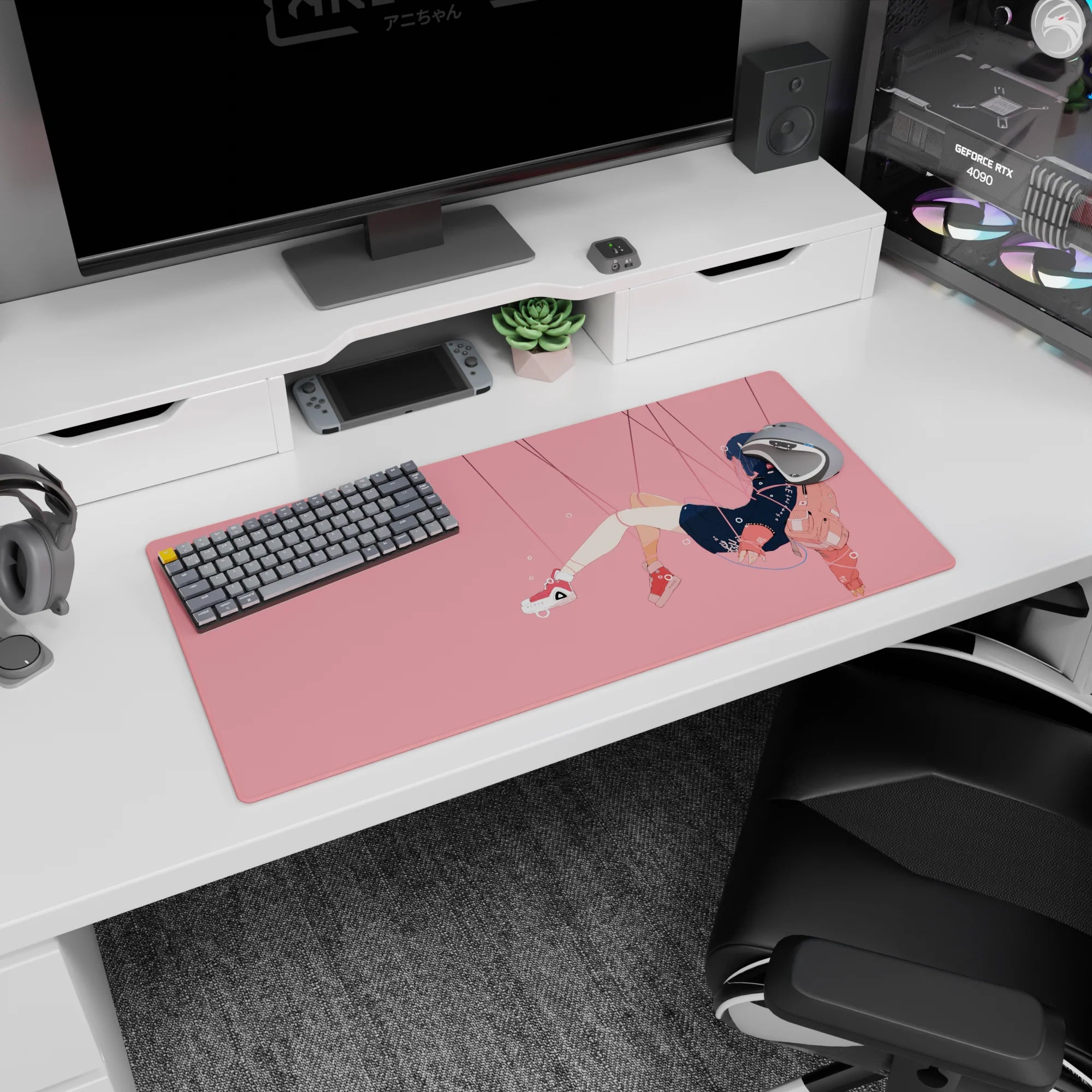 32x16 inches anime desk mat showing a chill girl floating sideways in a dark hoodie, peach backpack, sneakers.
