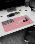 32x16 inches anime desk mat showing a chill girl floating sideways in a dark hoodie, peach backpack, sneakers.