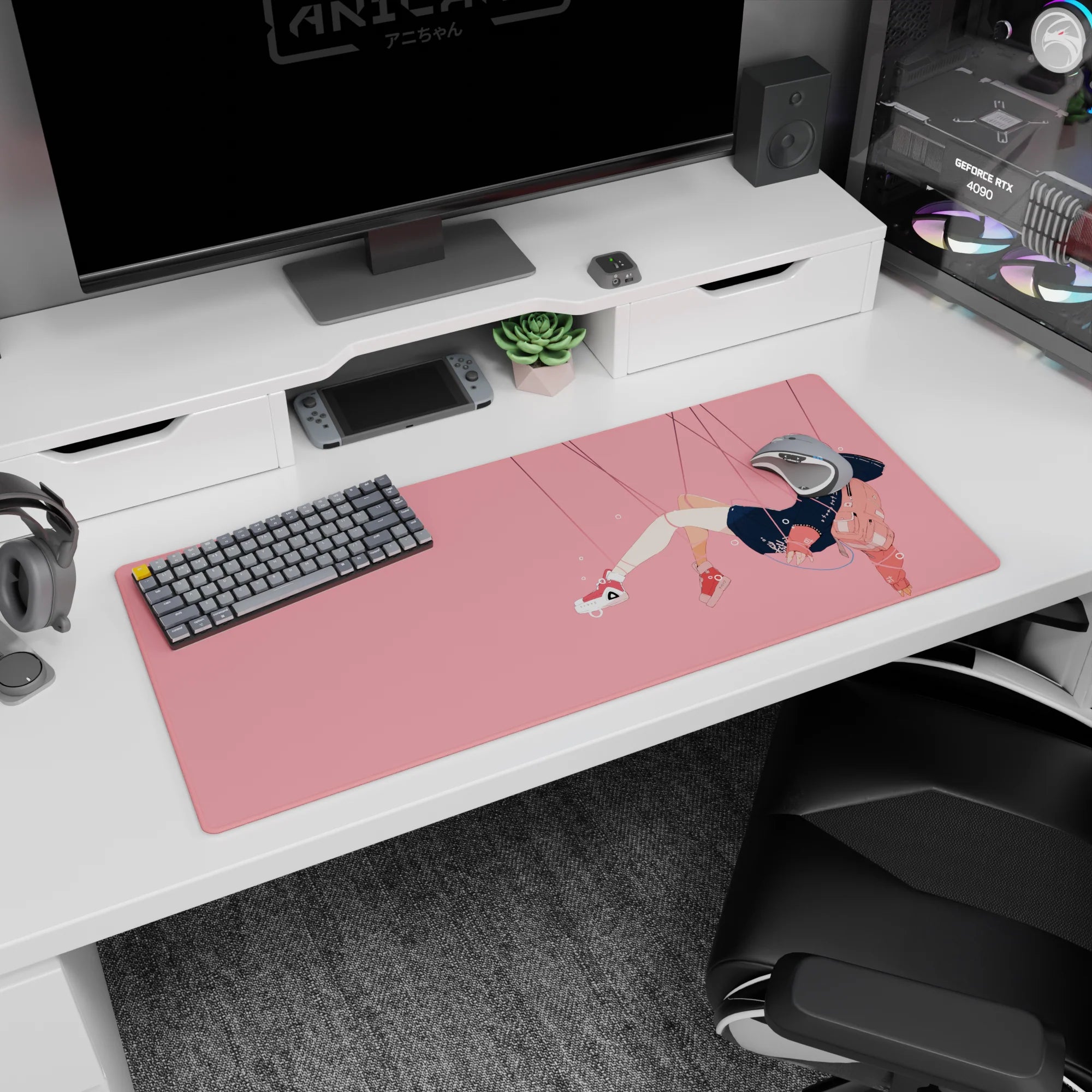 Chill anime girl floating sideways on desk pad 36x16 inches, navy hair, dark hoodie, peach backpack.