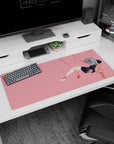 Chill anime girl floating sideways on desk pad 36x16 inches, navy hair, dark hoodie, peach backpack.