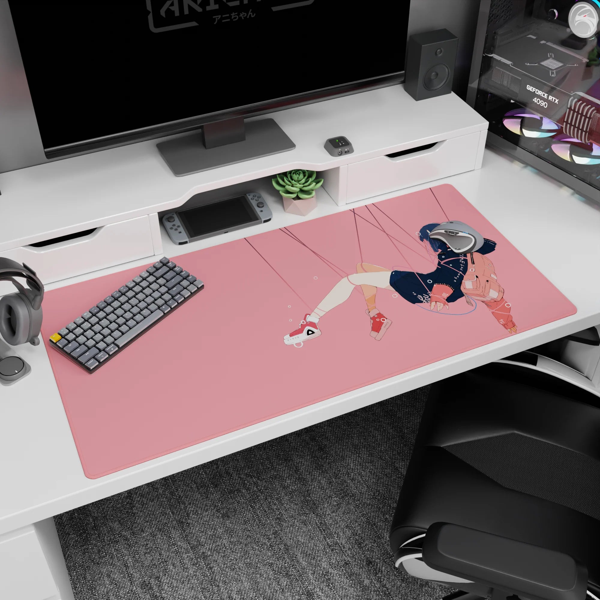 Anime girl desk pad 40x20 inches showing hoodie girl drifting sideways with peach backpack, socks, sneakers.