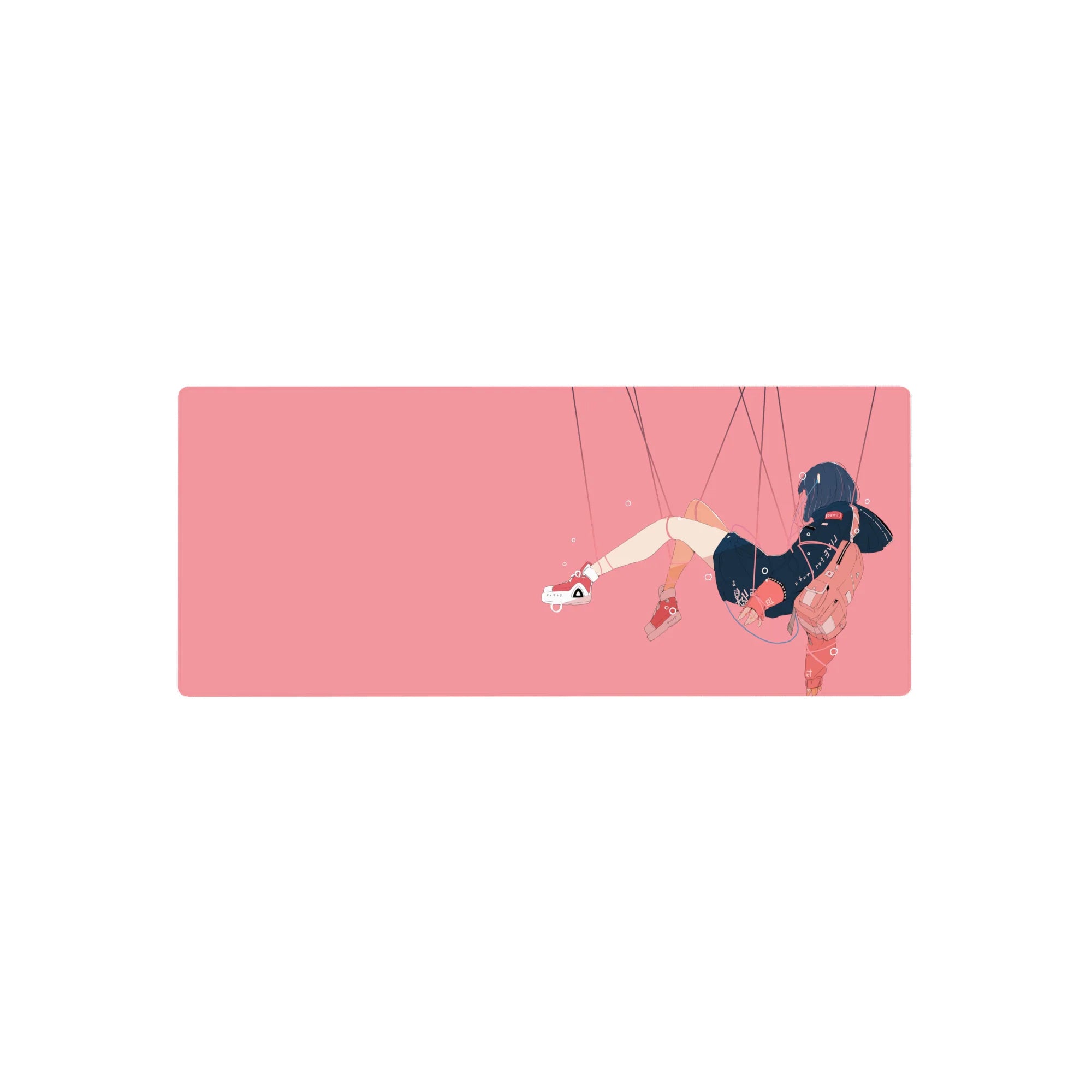 Anime girl mouse pad 28x12 inches with floating hoodie girl, clean minimal lines, bubble dots, pink space.