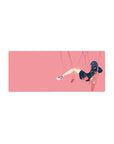 Anime girl mouse pad 28x12 inches with floating hoodie girl, clean minimal lines, bubble dots, pink space.