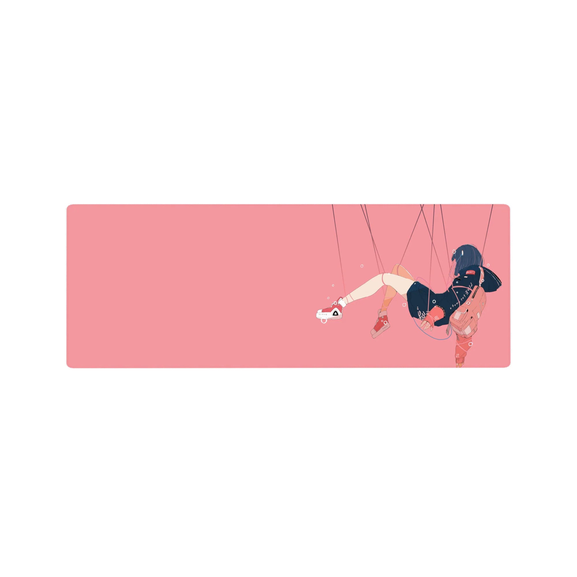 32x12 inches anime girl mouse pad with minimalist floating girl, thin string lines, bubbles, street-cute style.