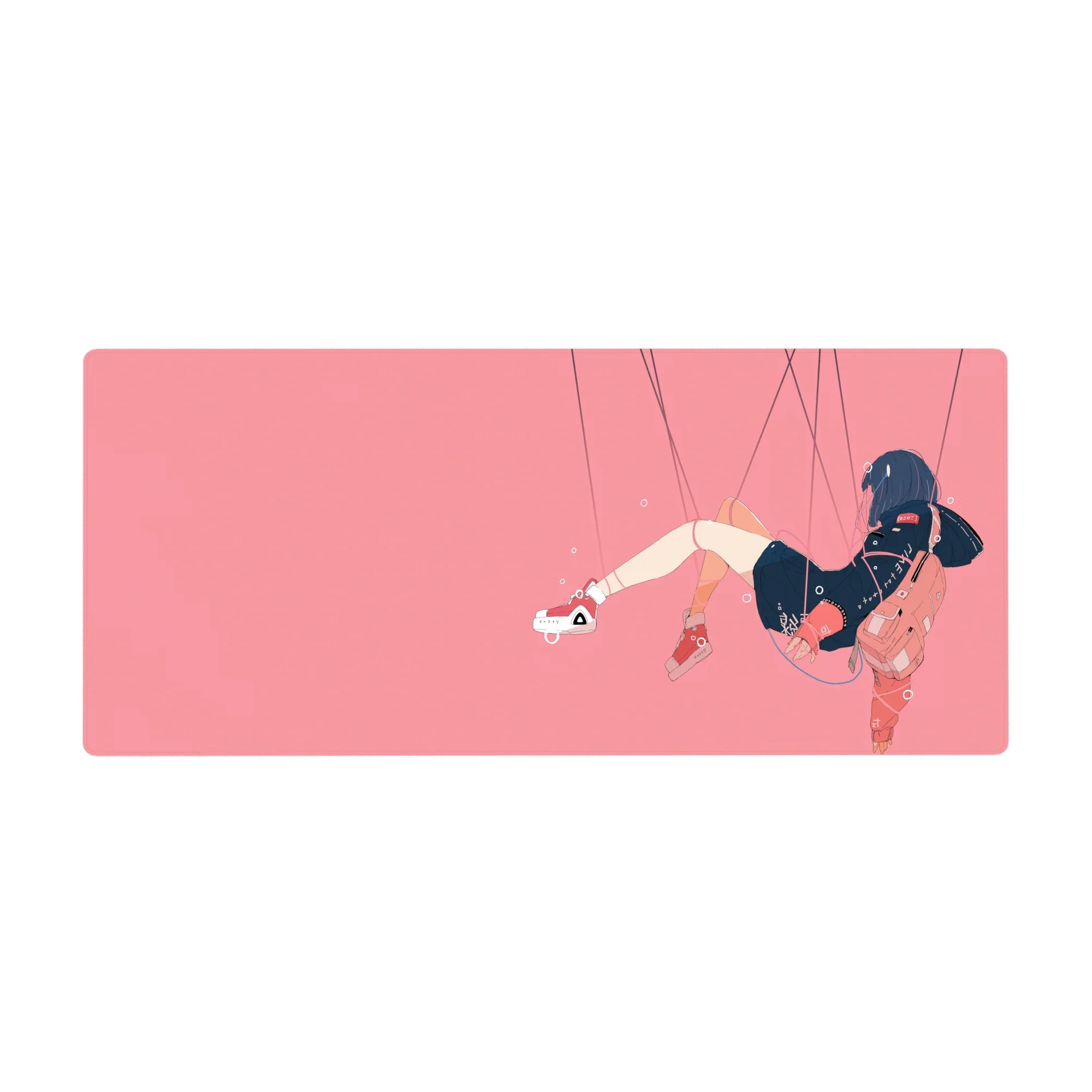Anime girl desk pad 36x16 inches with minimal pink space lines, bubble dots, and street-cute style.