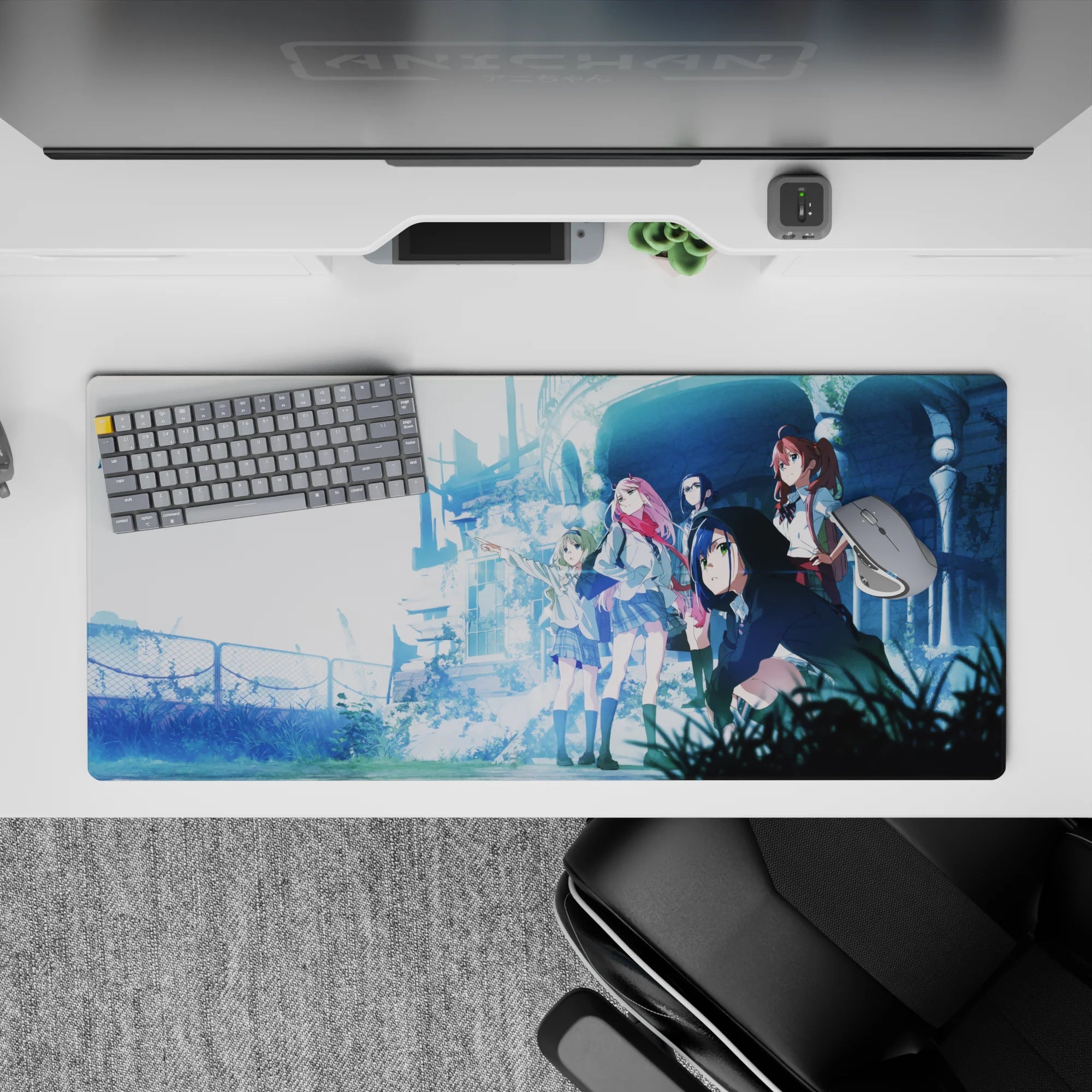 36x16 inches mouse pad with Zero Two, Ichigo, and the squad in a post-apocalyptic setting, blending overgrown ruins and soft blue hues for adventure and hope.