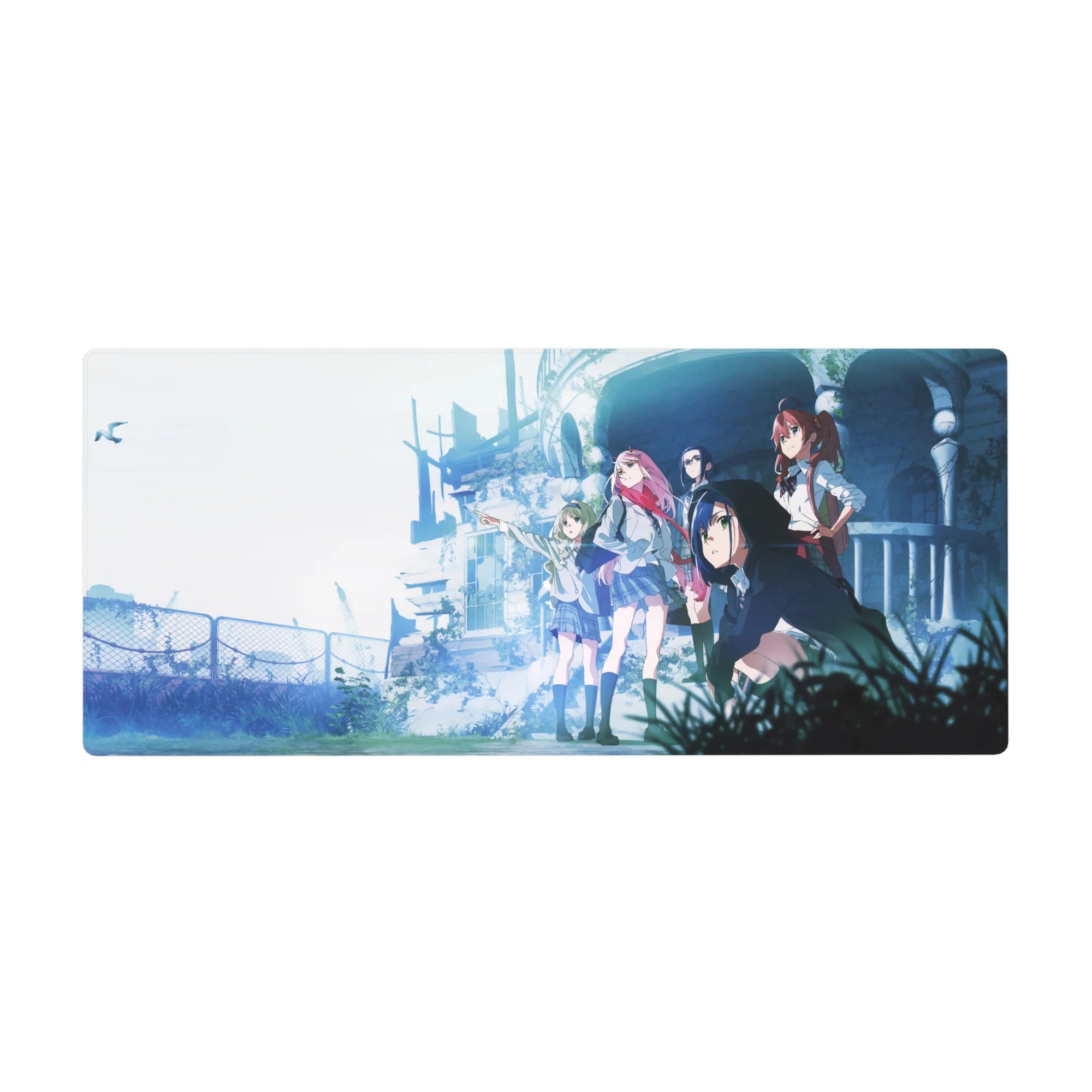 Mouse pad featuring Zero Two, Ichigo, and the squad design, 36x16 inches, with post-apocalyptic ruins and dynamic poses in soft blue hues for an inspiring look.