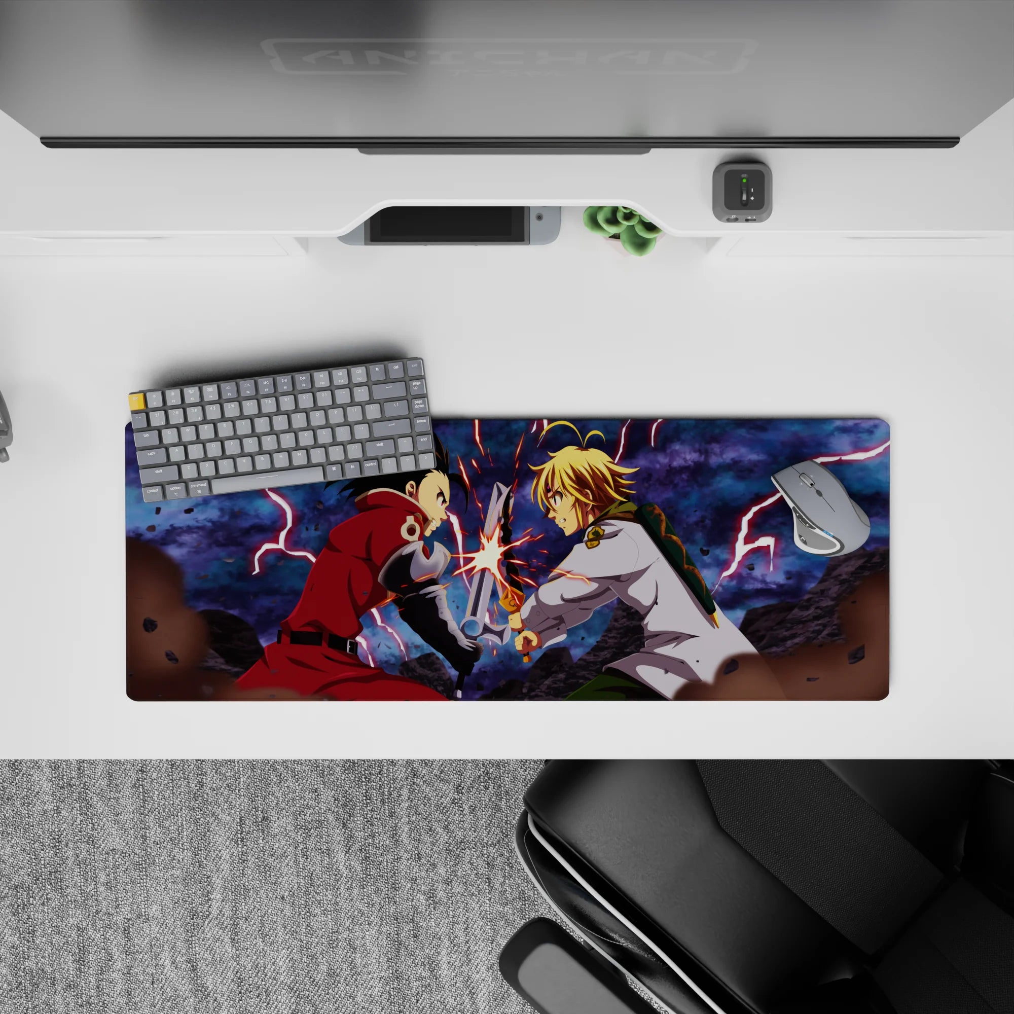 32x12 inches anime mouse pad in stormy blues with jagged lightning, sparks, and a tense battle vibe.
