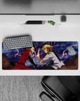 32x12 inches anime mouse pad in stormy blues with jagged lightning, sparks, and a tense battle vibe.