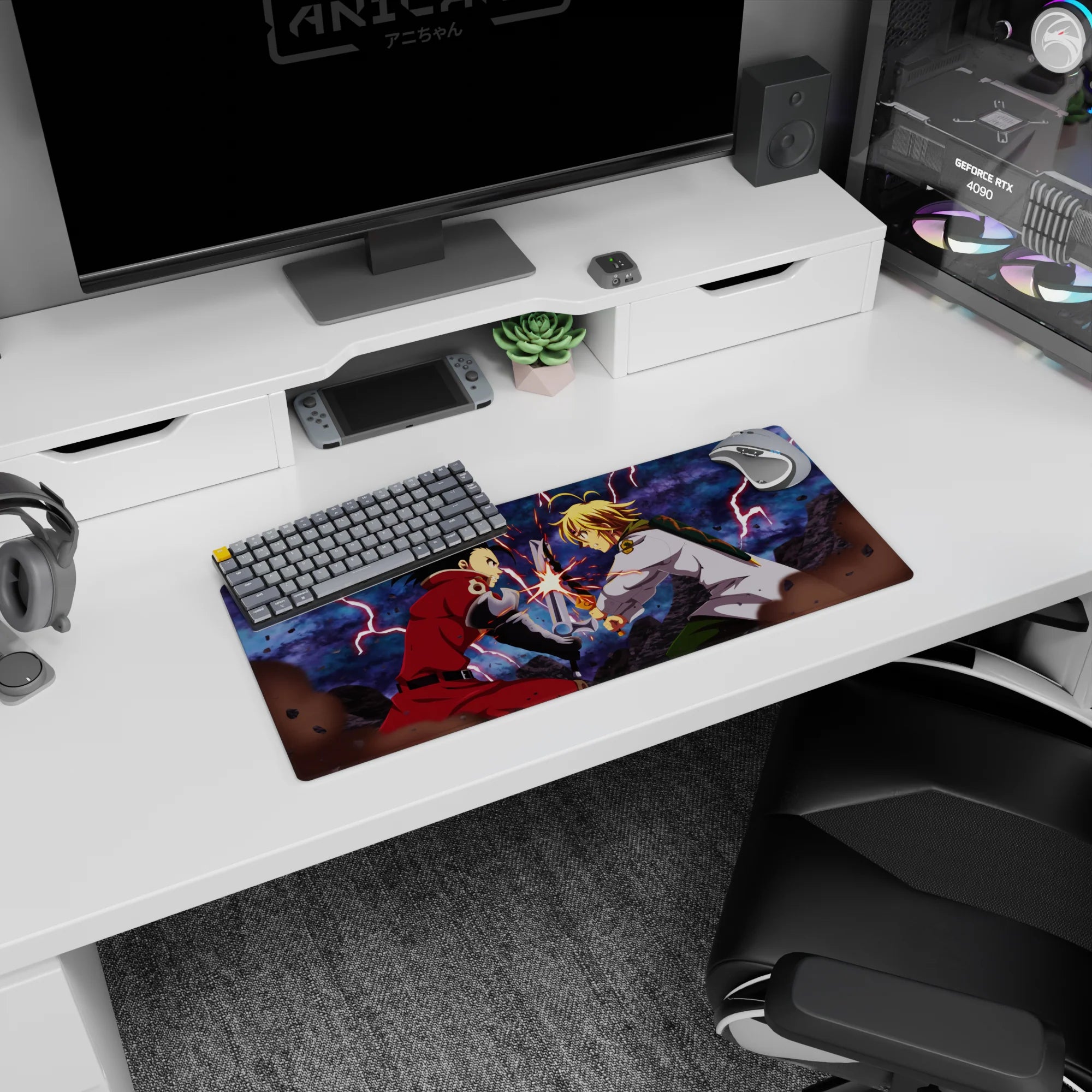 28x12 inches anime mouse pad showing brothers in a split-second blade duel, firefly sparks and tense stares.