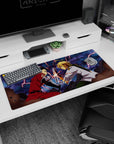 36x16 inches anime desk pad featuring Meliodas vs Zeldris sword clash, sparks flying in a split second.