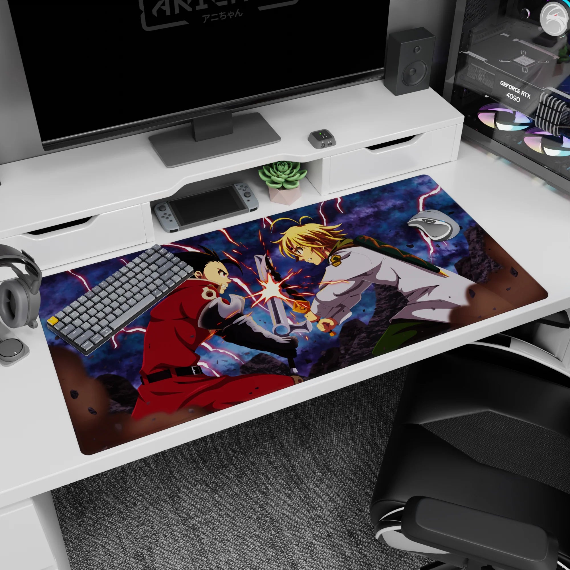40x20 inches anime desk pad showing brothers in split-second blade crash, firefly sparks, zero-mercy stare.