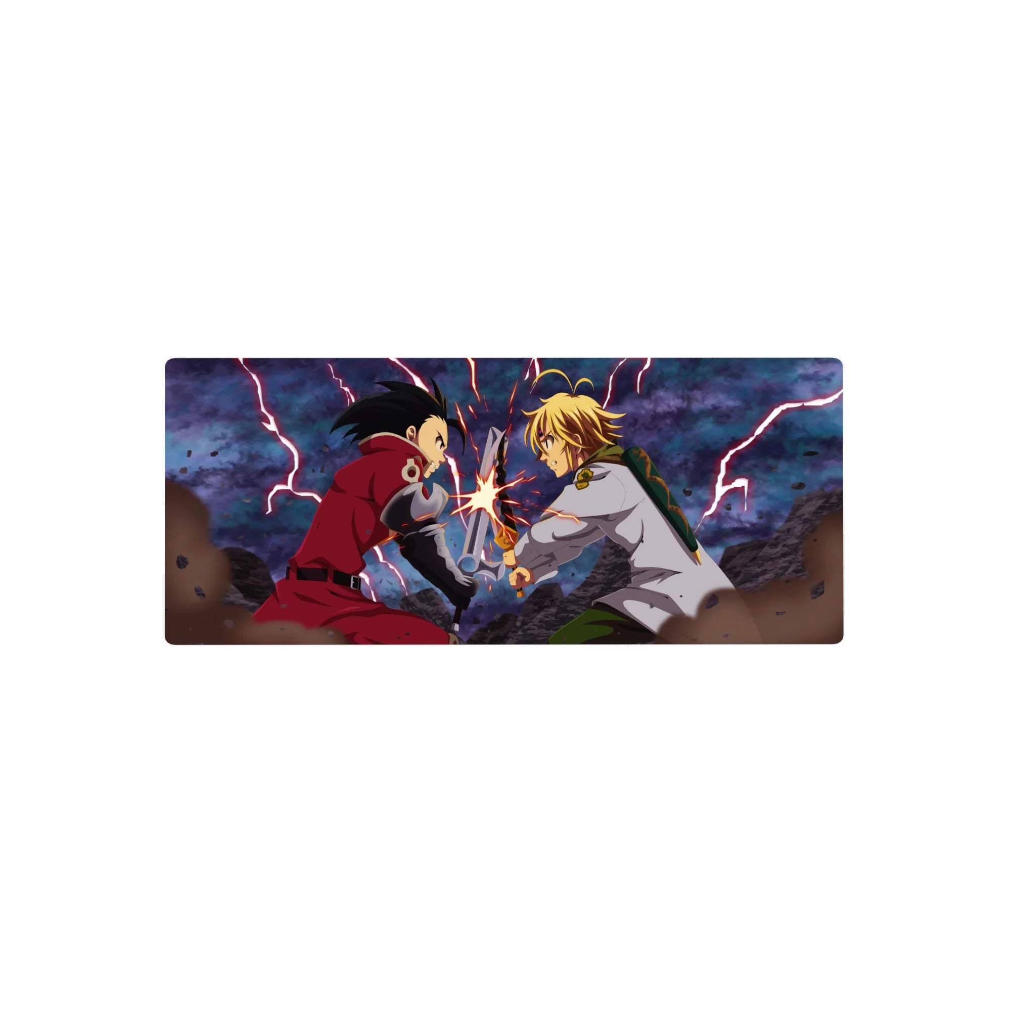 28x12 inches anime mouse pad with Meliodas vs Zeldris sword clash, lightning backdrop, sparks and debris.