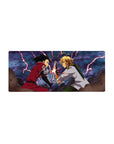 28x12 inches anime mouse pad with Meliodas vs Zeldris sword clash, lightning backdrop, sparks and debris.