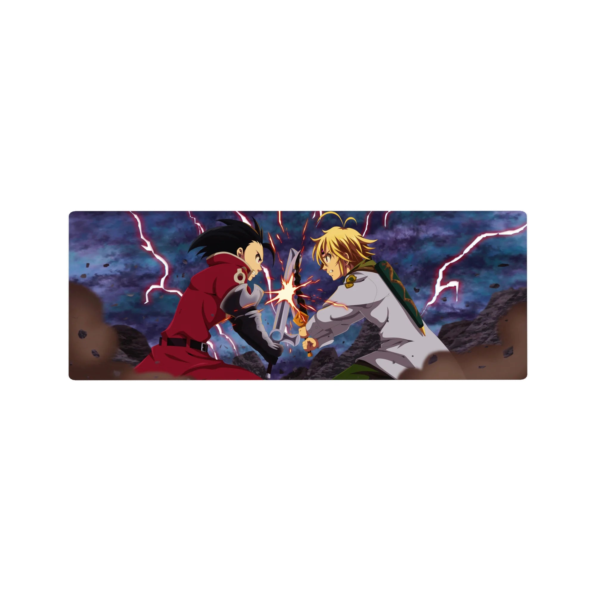 32x12 inches anime mouse pad featuring a lightning duel scene with clashing swords and flying debris.