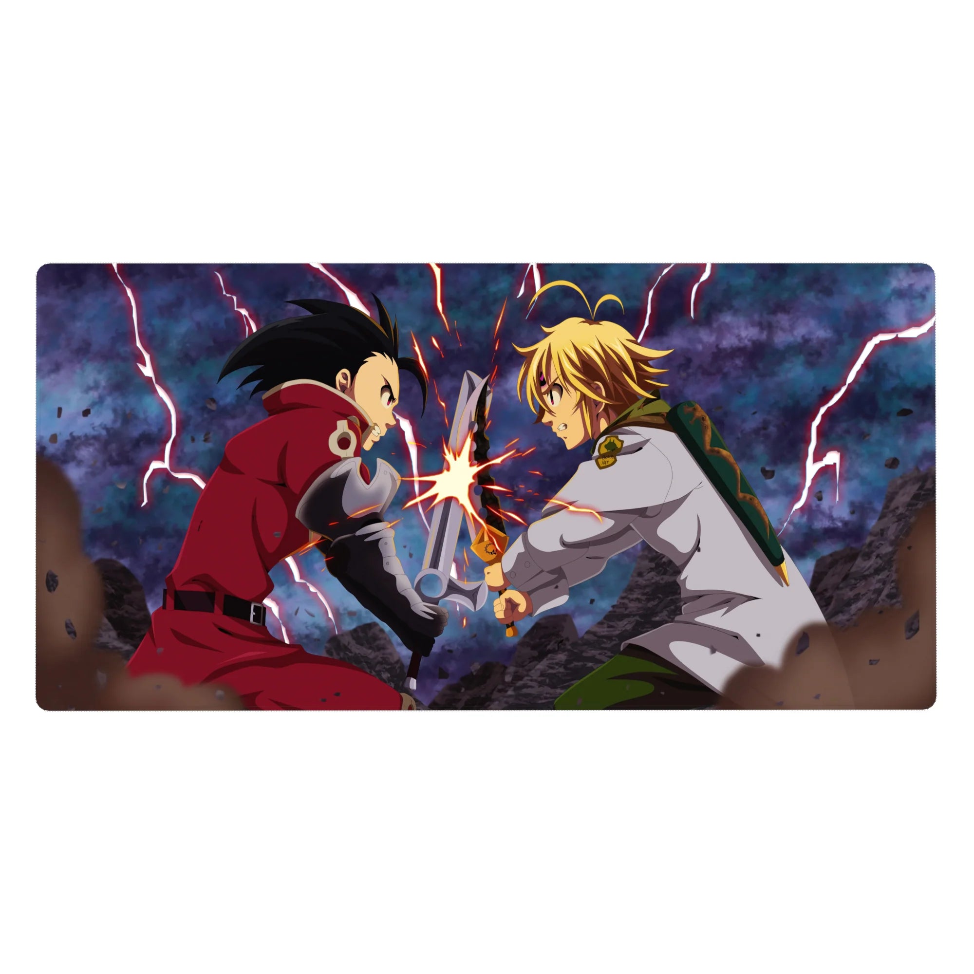 40x20 inches anime desk pad with Meliodas vs Zeldris sword clash, lightning backdrop, bold print.